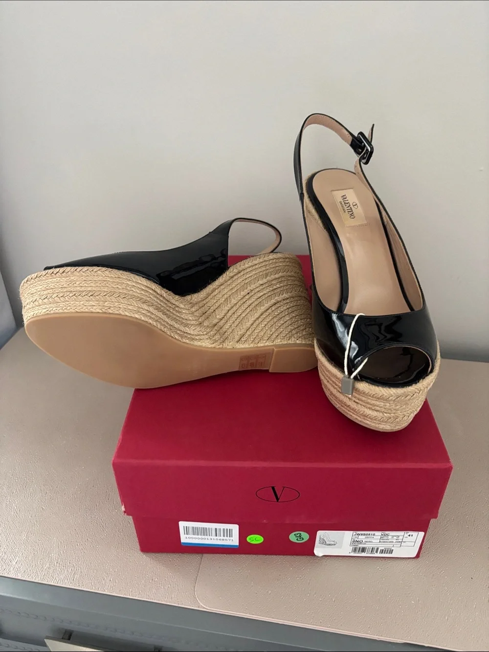 Valentino Black Patent Leather Espadrille Wedge Sandals